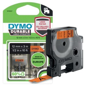Tape DYMO Durable D1 12mm svart på ora.