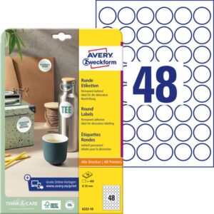 Etikett AVERY papper Ø30mm vit 480/fp